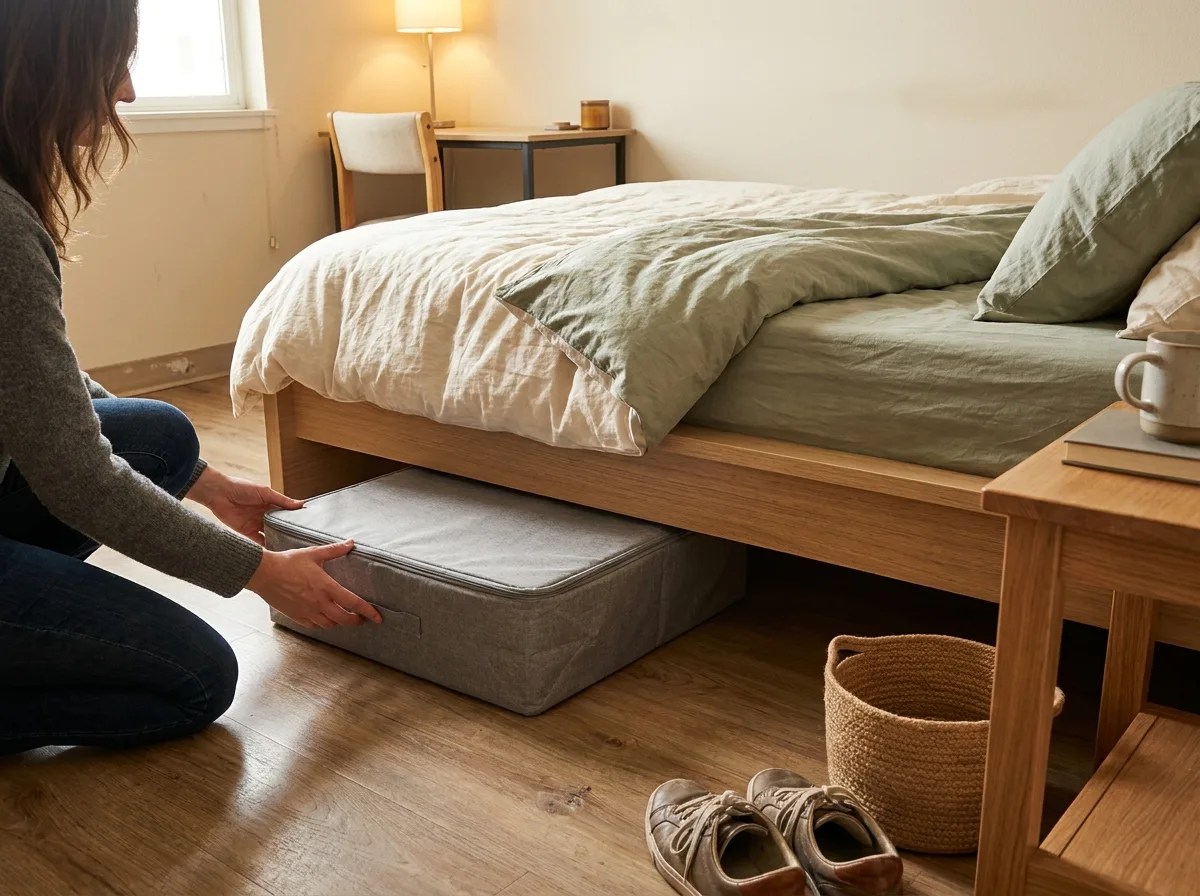Renter sliding a fabric storage case beneath a wooden bed in a small bedroom