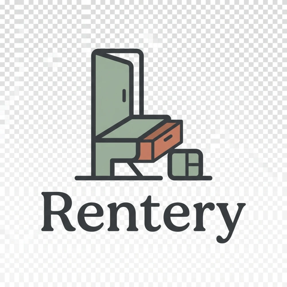 Rentery logo with a compact desk and storage stool