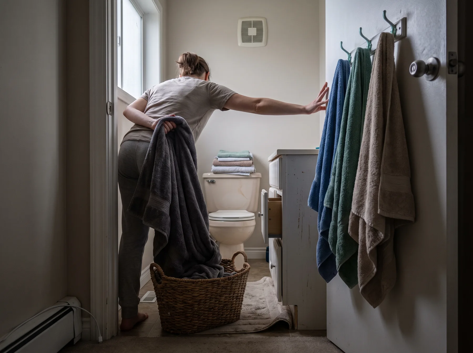 Woman holds a towel beside a basket while reaching toward a crowded bathroom door rack.