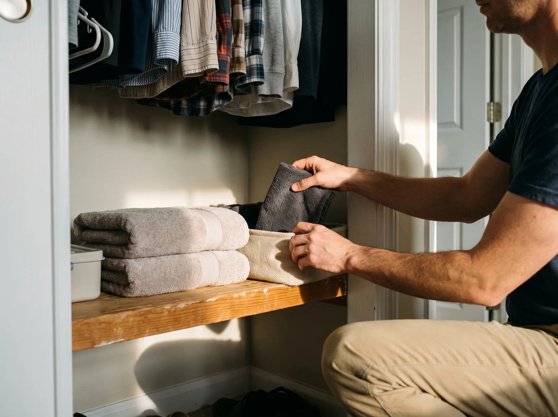 Person places a folded towel in a fabric bin on a bedroom closet shelf.