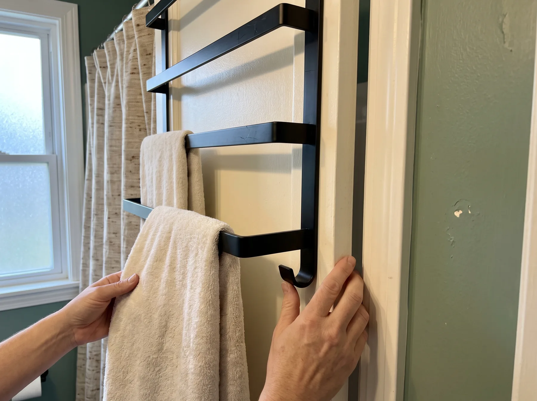 Hands check clearance for a towel rack as the bathroom door nearly closes.