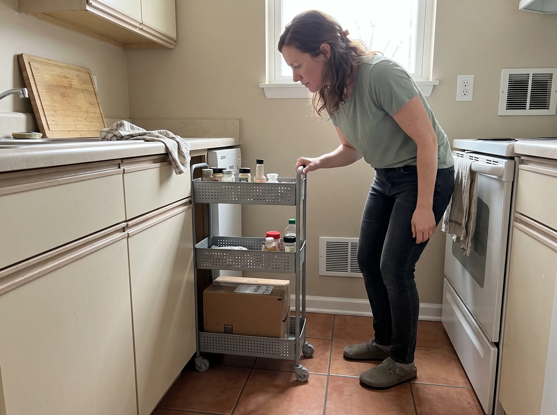 Woman pulls a slim tiered storage cart from between kitchen cabinets and stove.