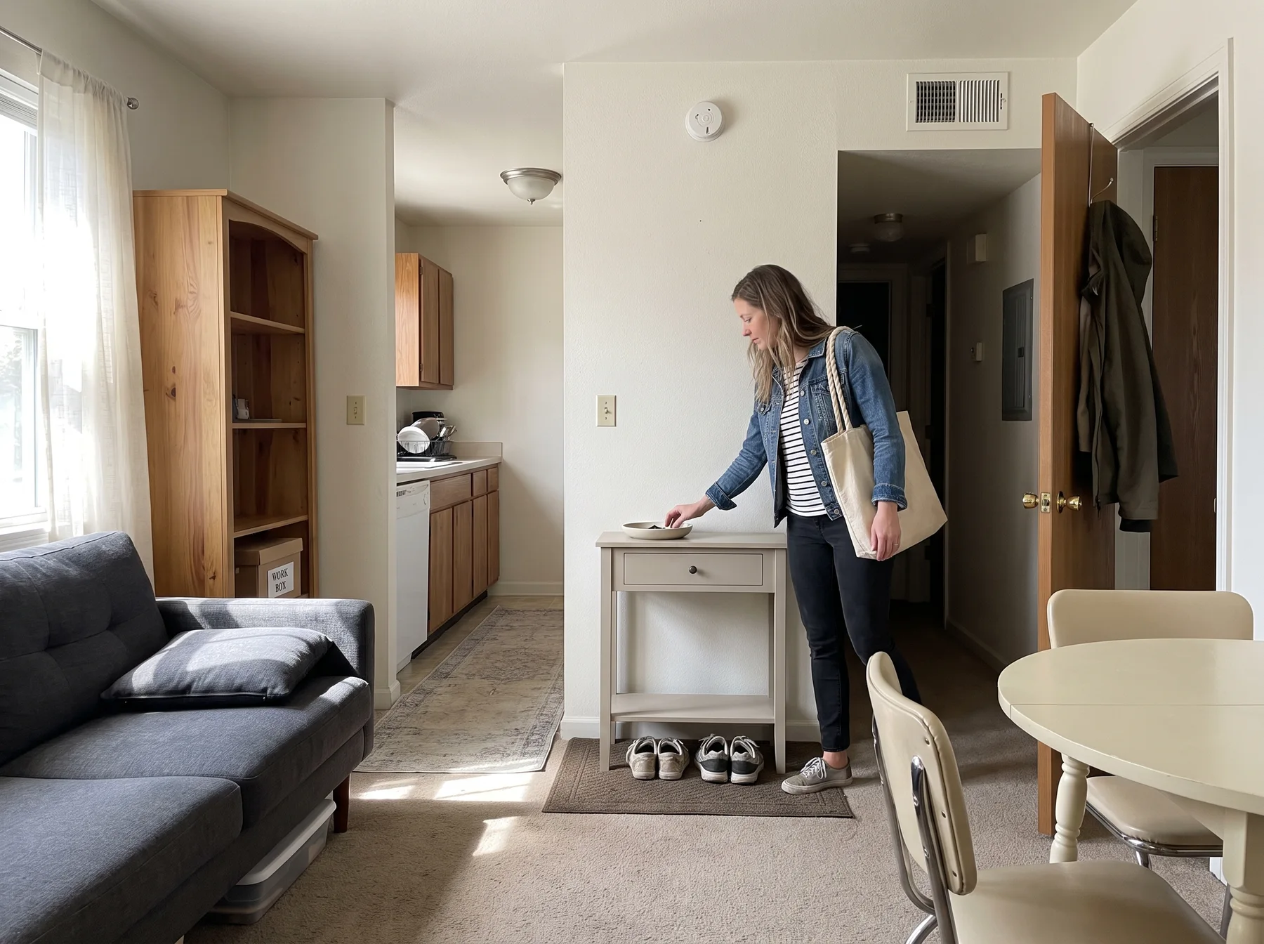 Woman reaches toward keys on an entryway table in an organized small apartment.