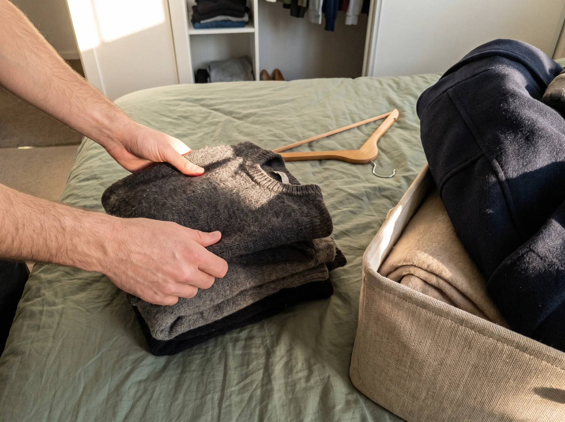 Hands sort folded sweaters beside a clothing basket on a bed near an open closet.