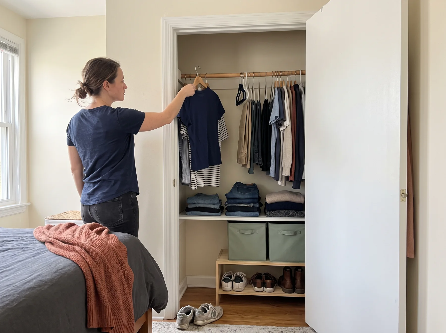 Woman reaches for a hanging shirt in an organized small bedroom closet.