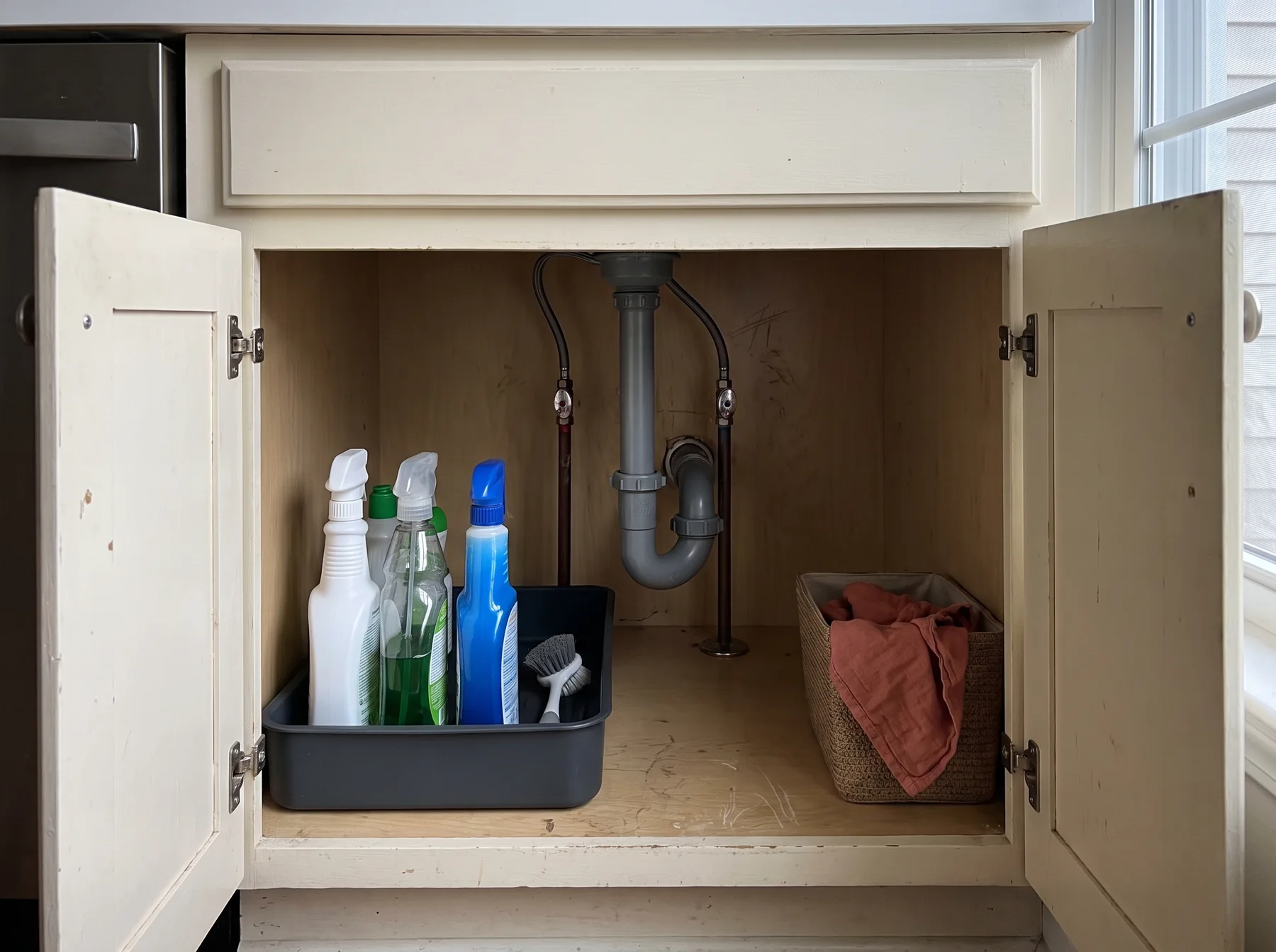Cleaning bottles sit in a bin beside a basket, leaving under-sink plumbing accessible.