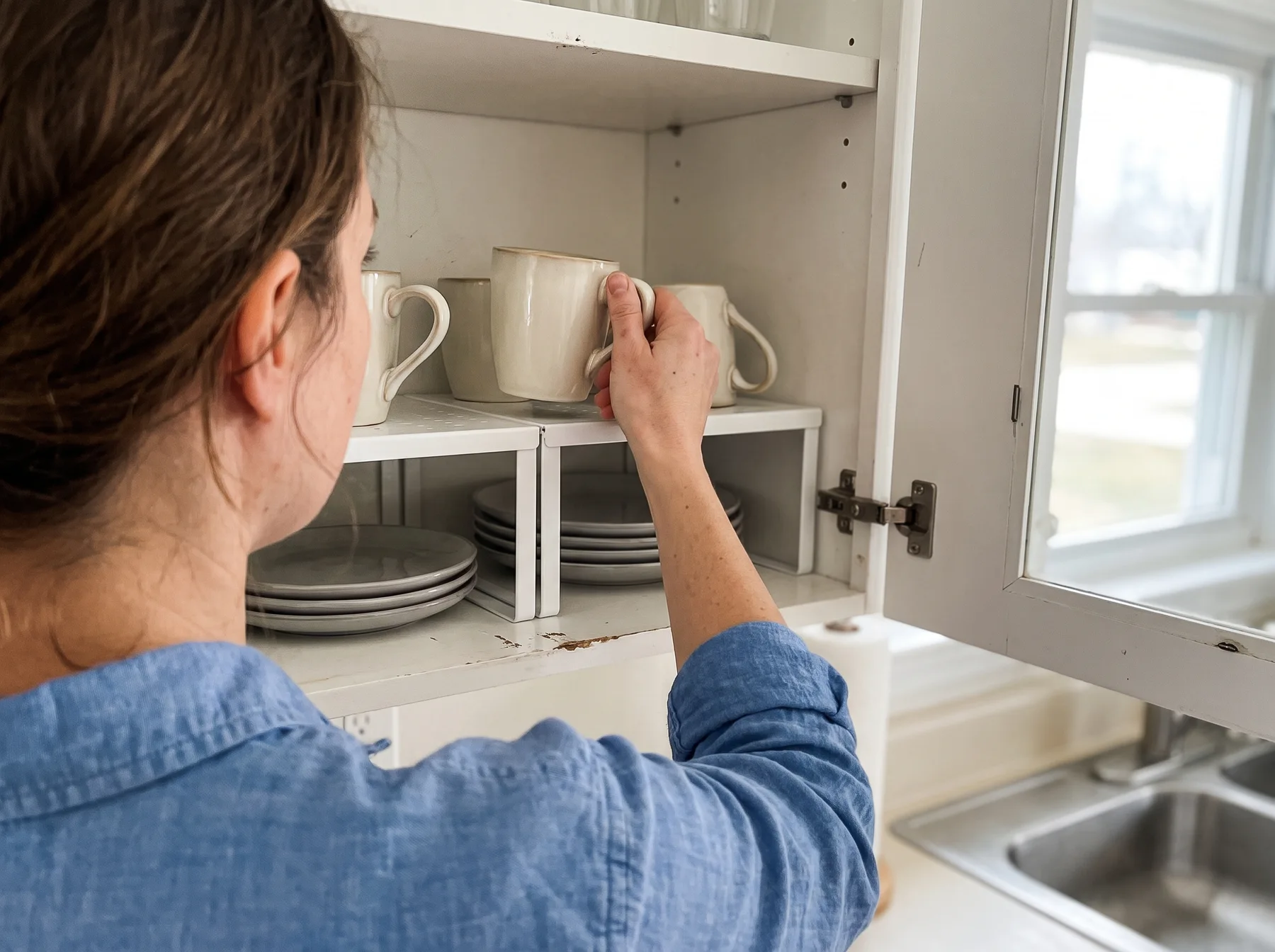 Woman places a mug on a shelf riser inside a compact kitchen cabinet.