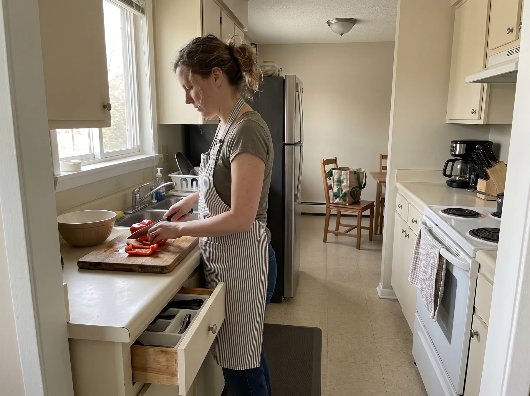 Woman slices red peppers beside the sink in a compact kitchen.