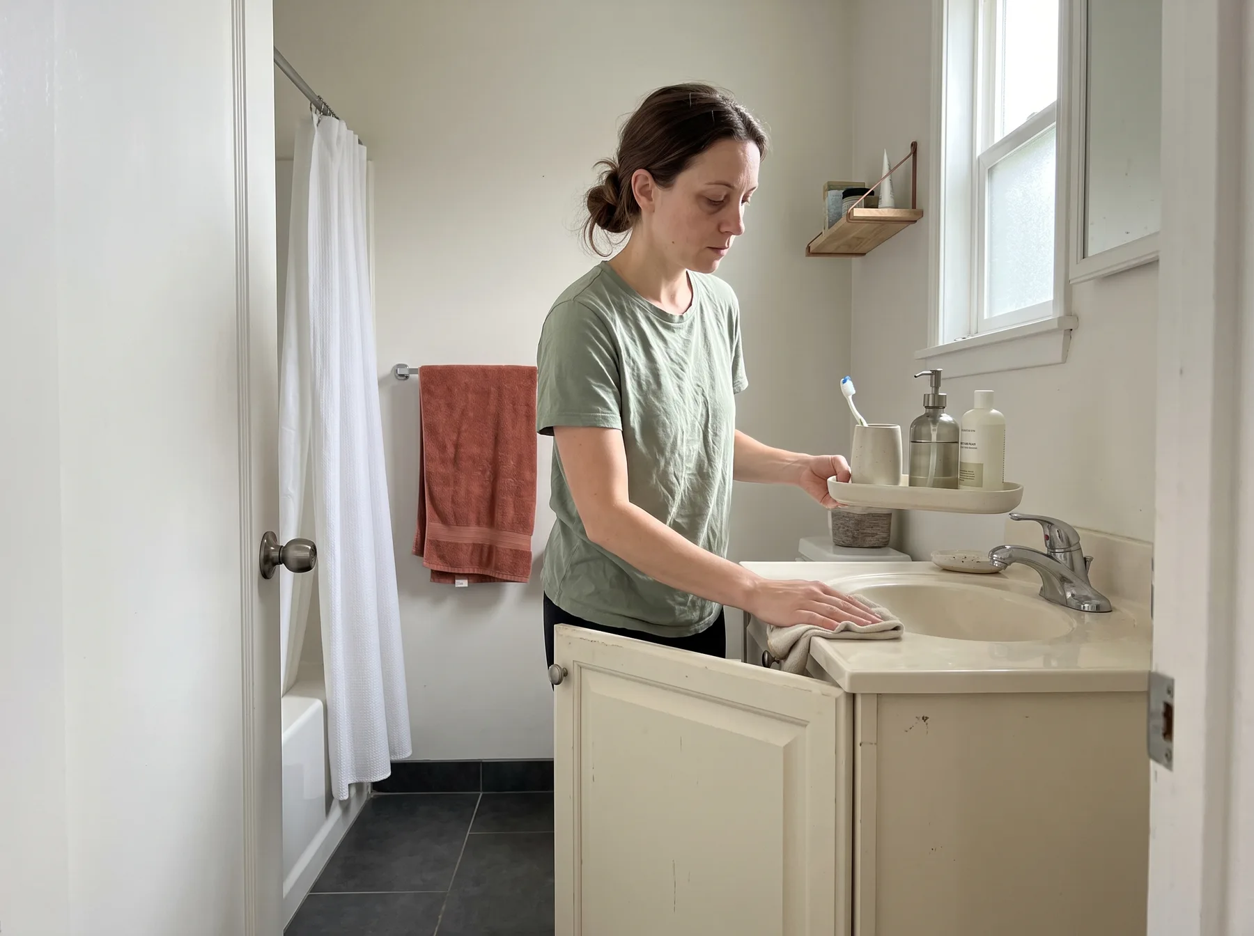 Woman lifts a toiletry tray from a bathroom vanity counter beside the sink.