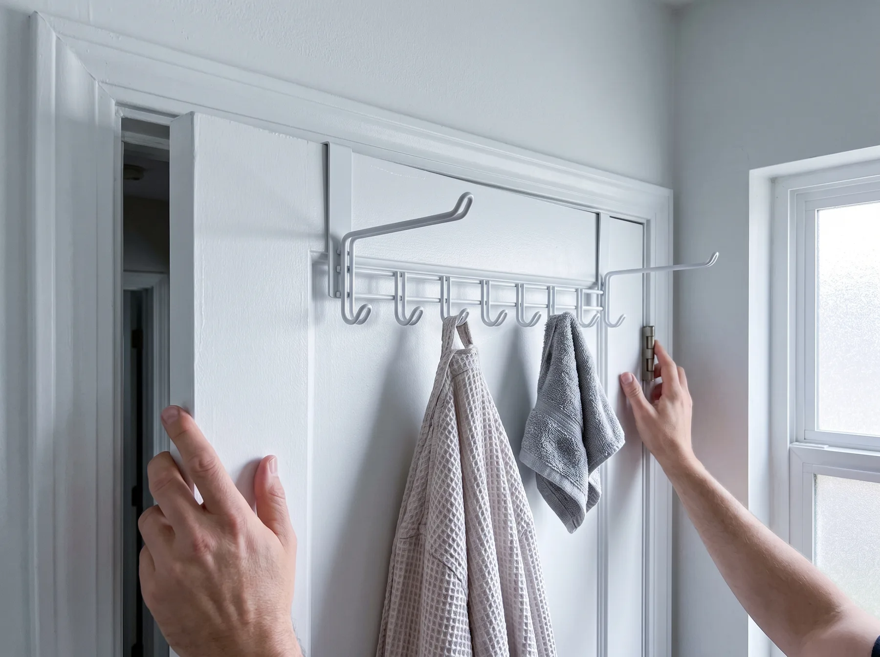 Hands hold a bathroom door and over-the-door hook rack with hanging towels.