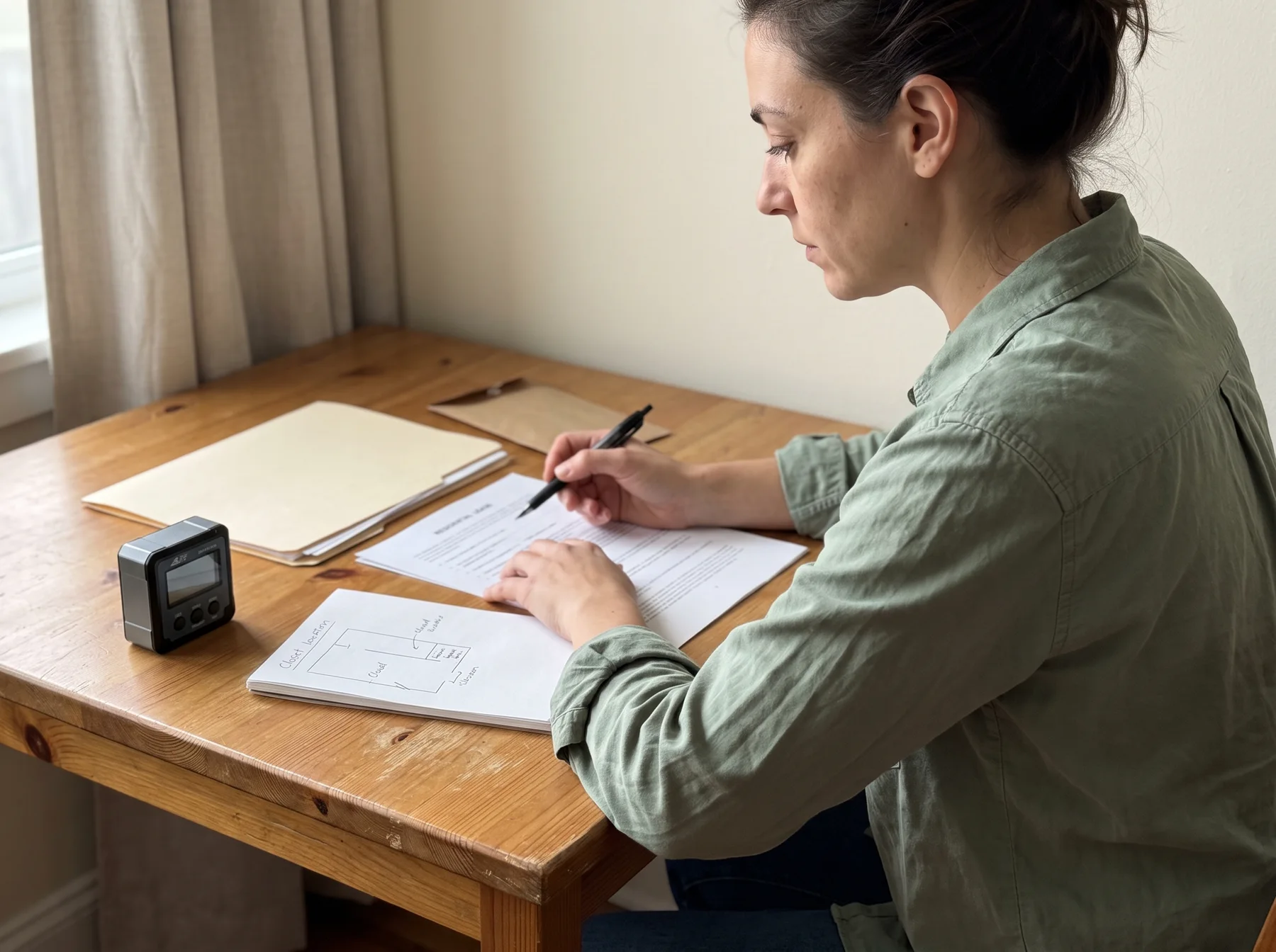 Renter reviews lease paperwork with a pen at a wooden table.
