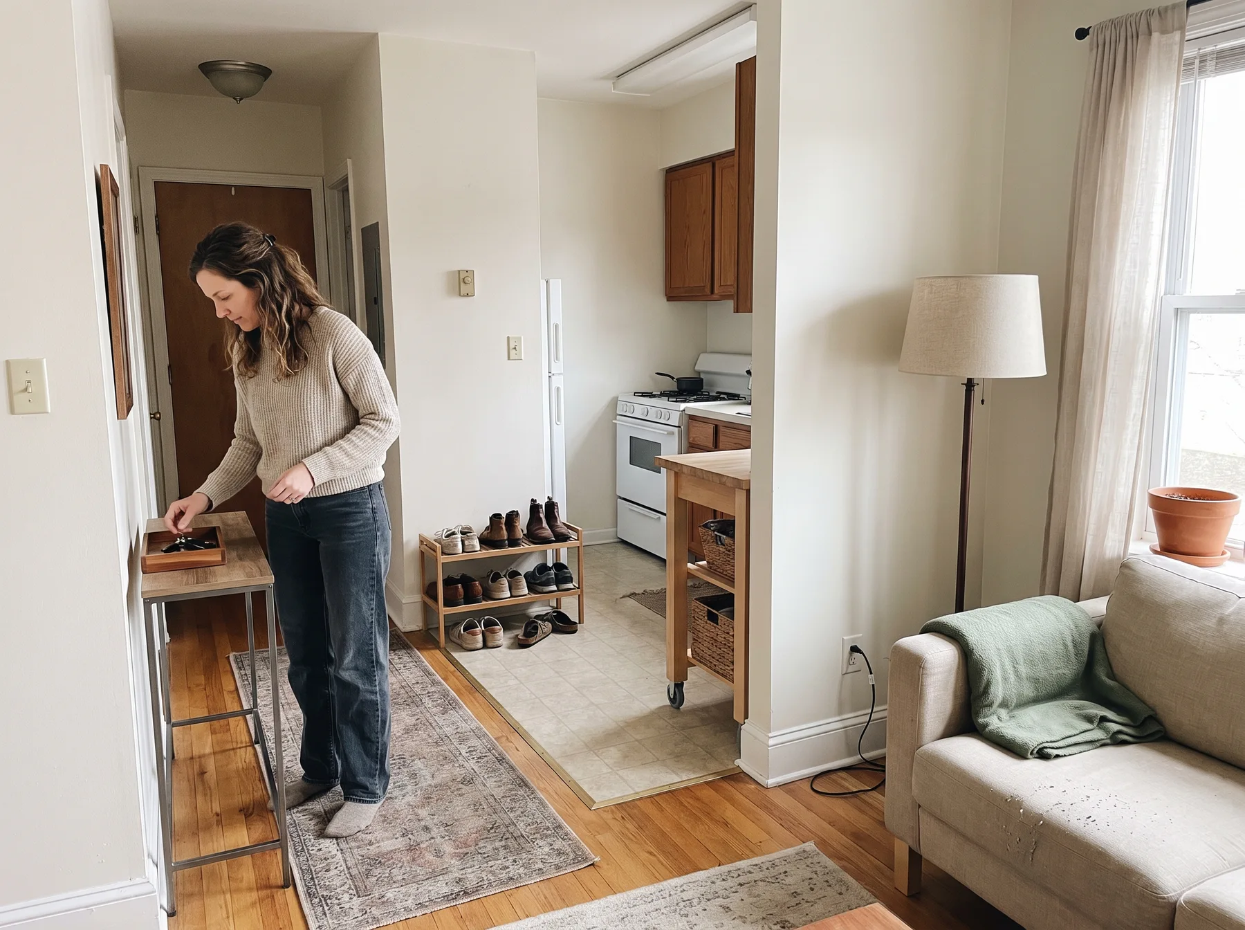 Woman places keys on an entryway table beside a clear apartment walkway.
