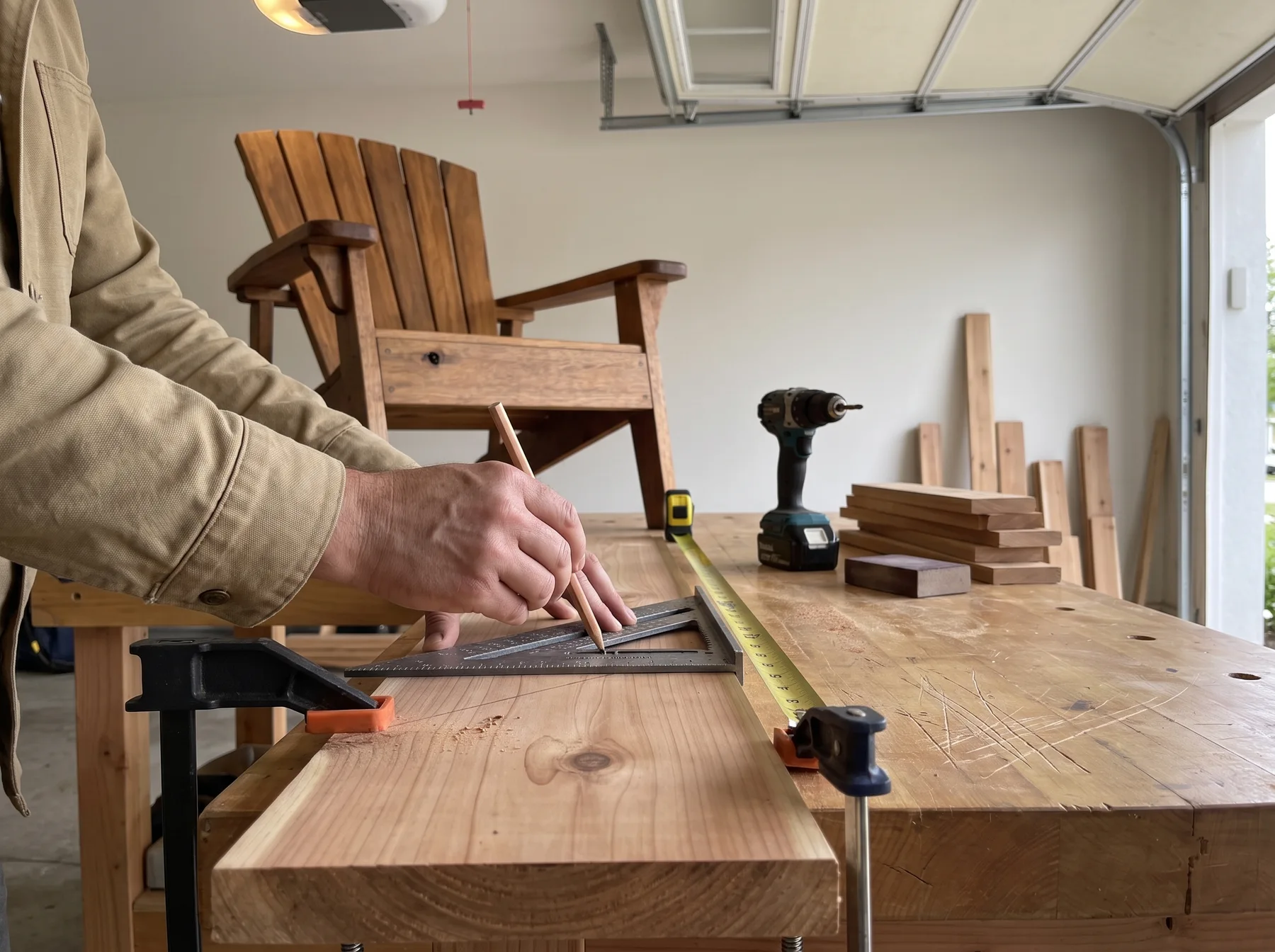 Hands mark a clamped wood board with pencil and square beside an Adirondack chair.