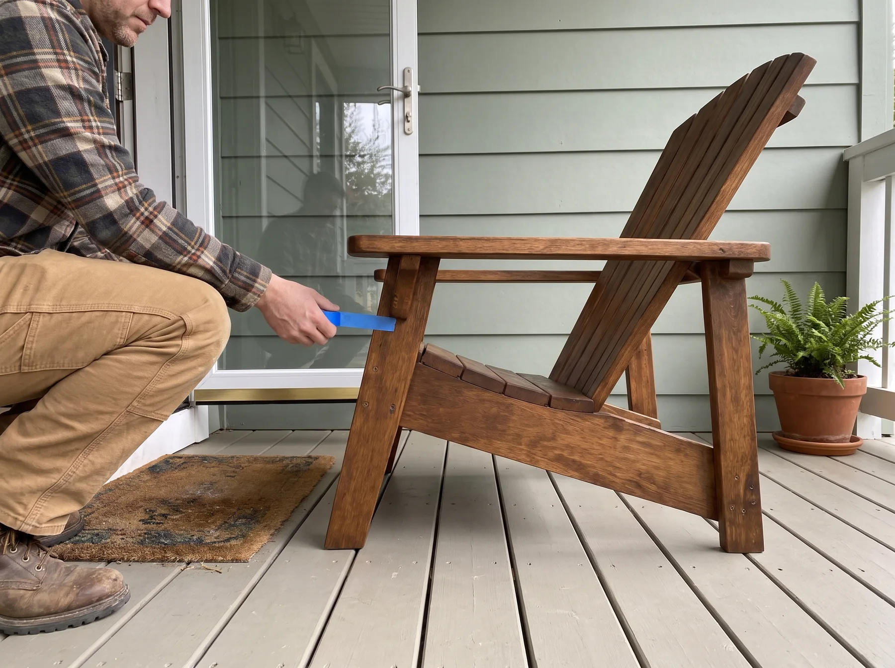 Man kneels beside a wooden Adirondack chair on a porch, holding a tool near the chair.