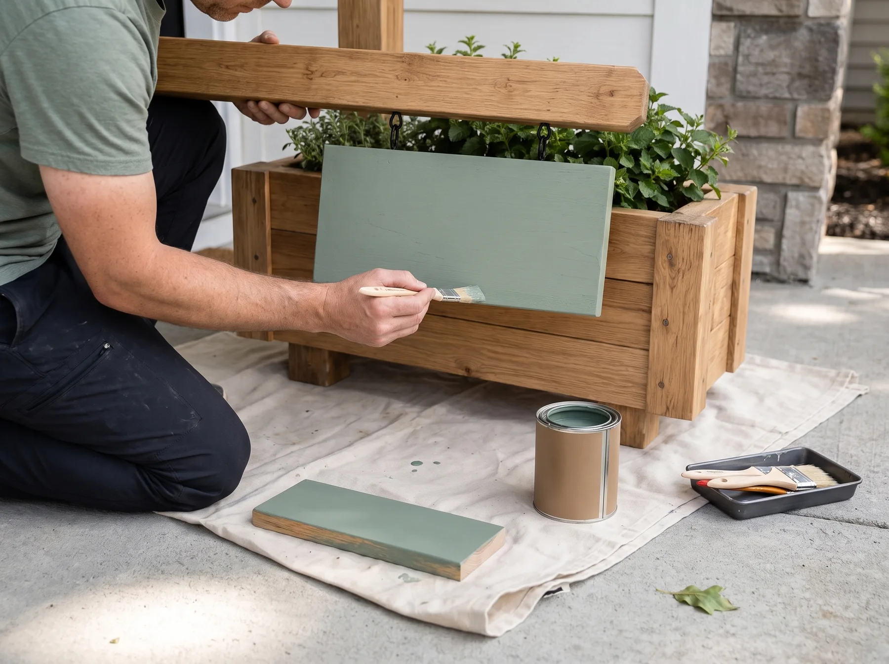 Person paints a sage green hanging sign panel on a wooden porch planter.