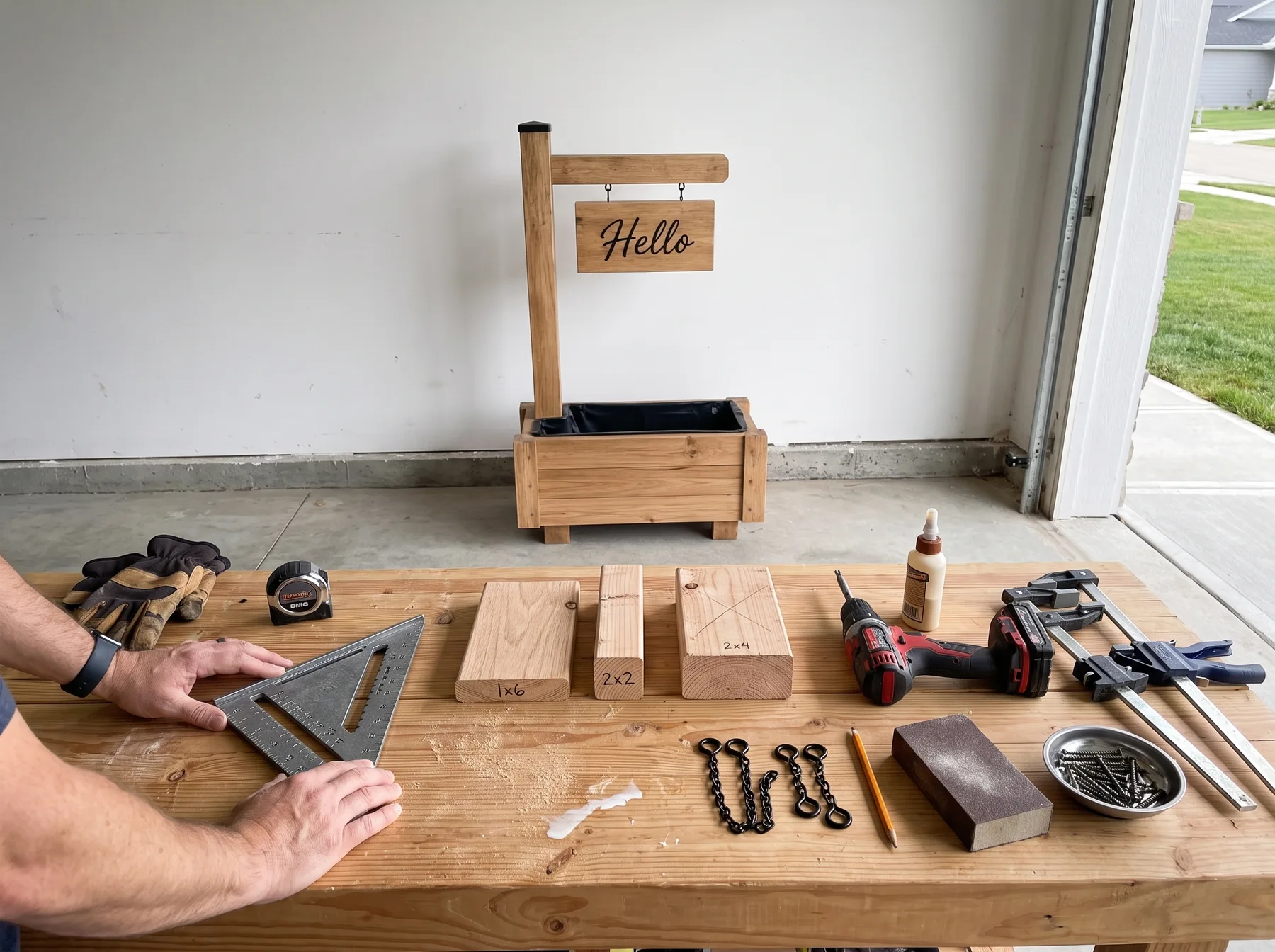 Hands hold a carpenter’s square beside lumber, a drill, fasteners, and a finished hello planter sign.