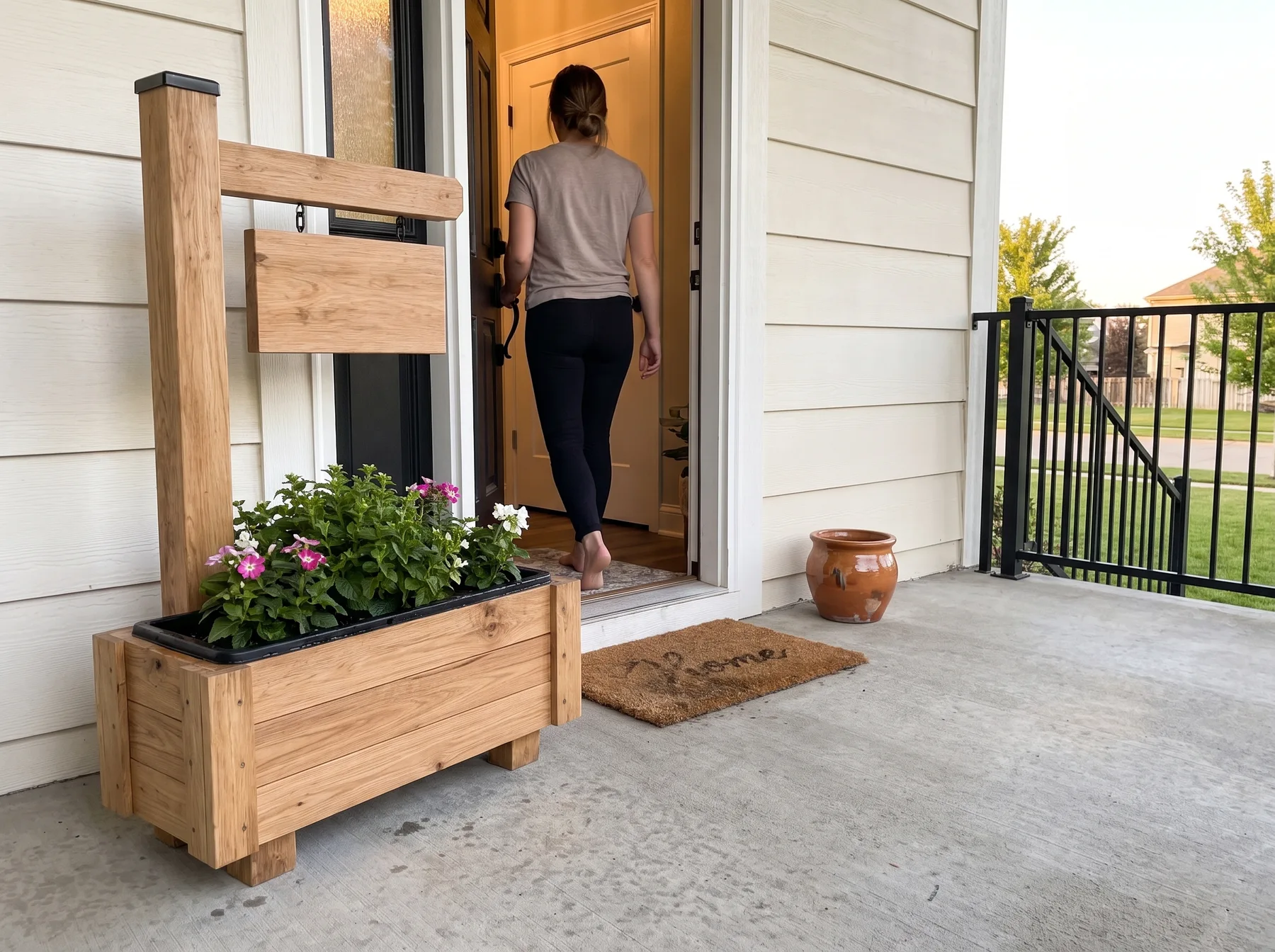 Wood planter with blank hanging sign and flowers beside an open front door