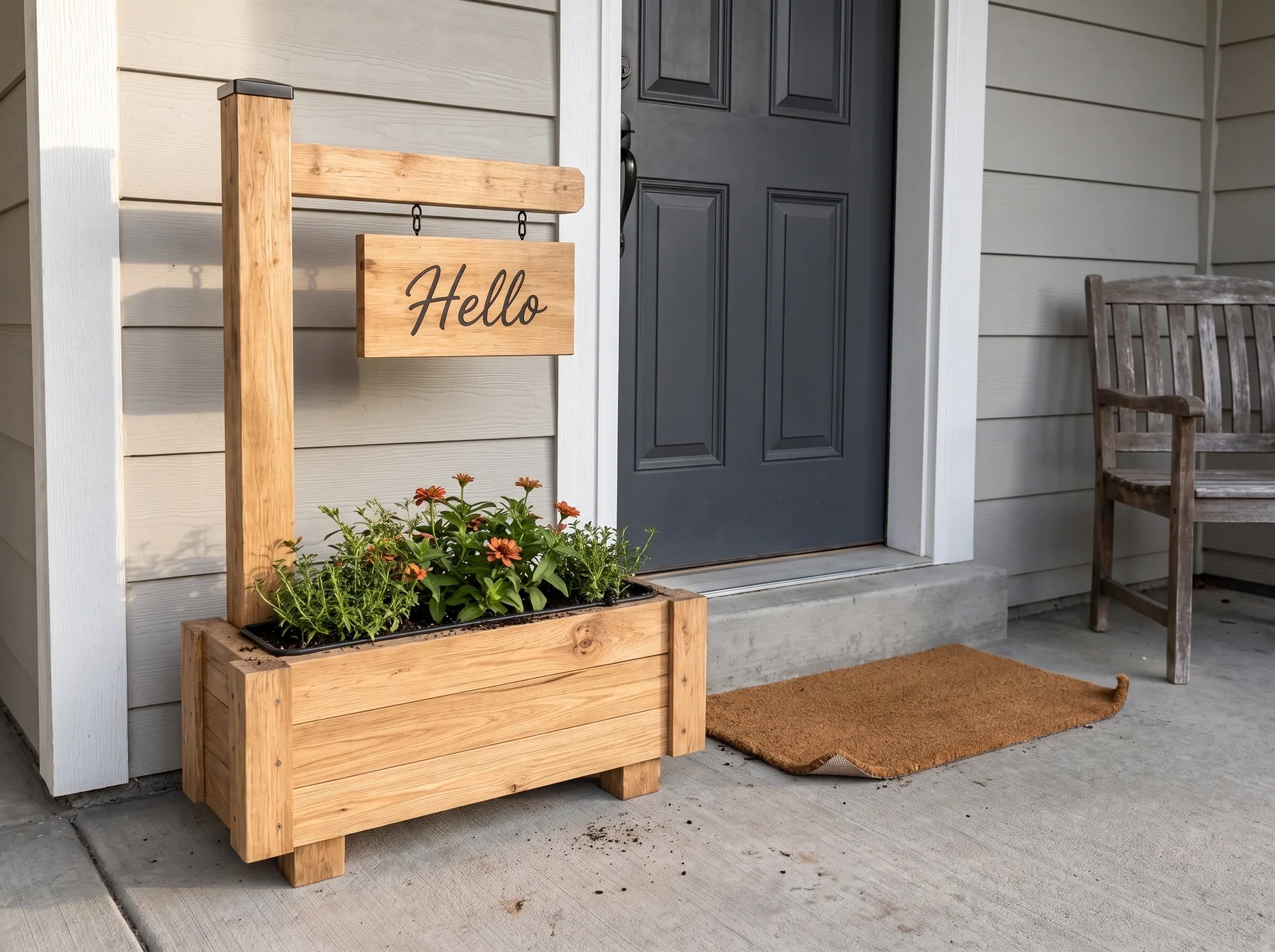 Wooden planter sign with Hello plaque and flowers beside a dark front door.