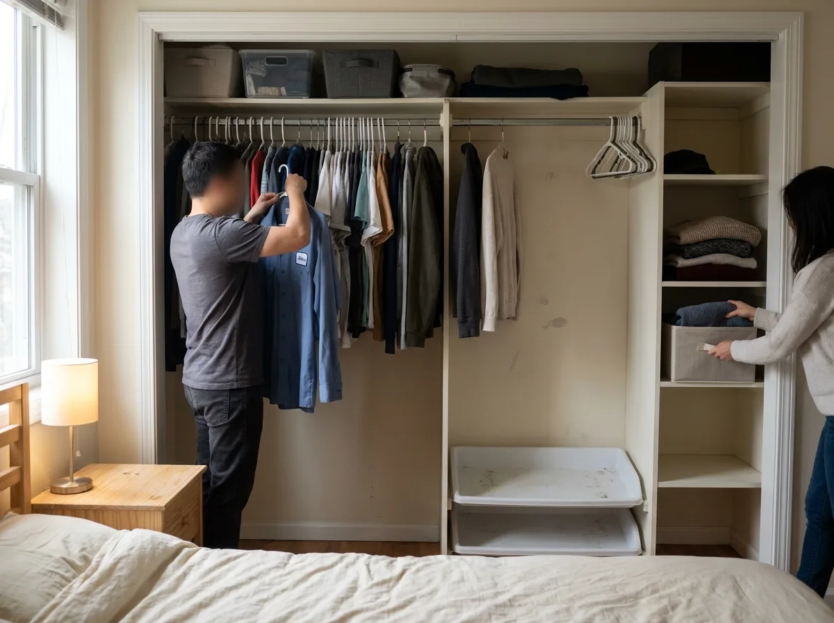 Two adults organize clothing in separate sections of a small bedroom closet.