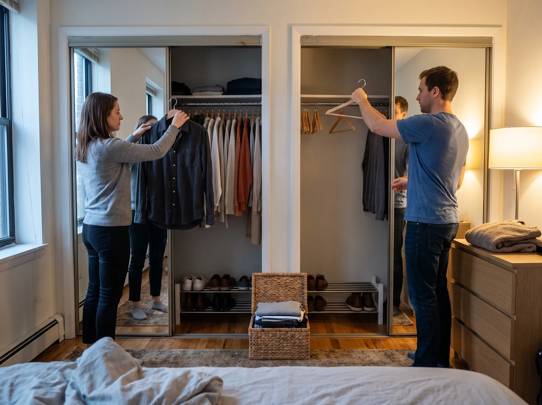 Two adults rehang clothing and hold empty hangers beside organized open closets in a bedroom.