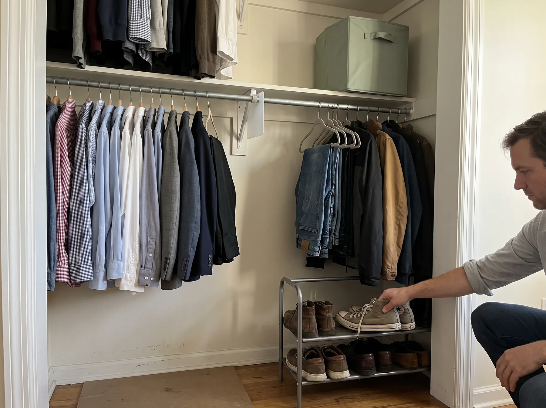 Man places a sneaker on a shoe rack beneath hanging clothes in a shared closet.