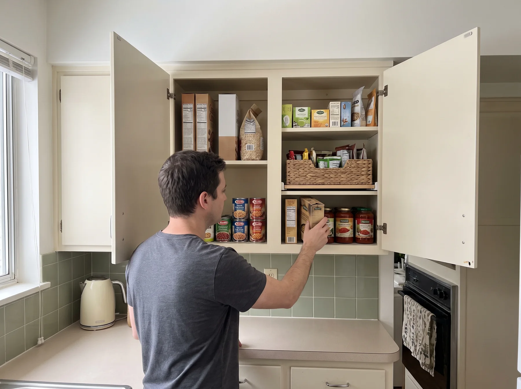 Man reaches into an open kitchen cabinet stocked with packaged foods, baskets, and canned goods.