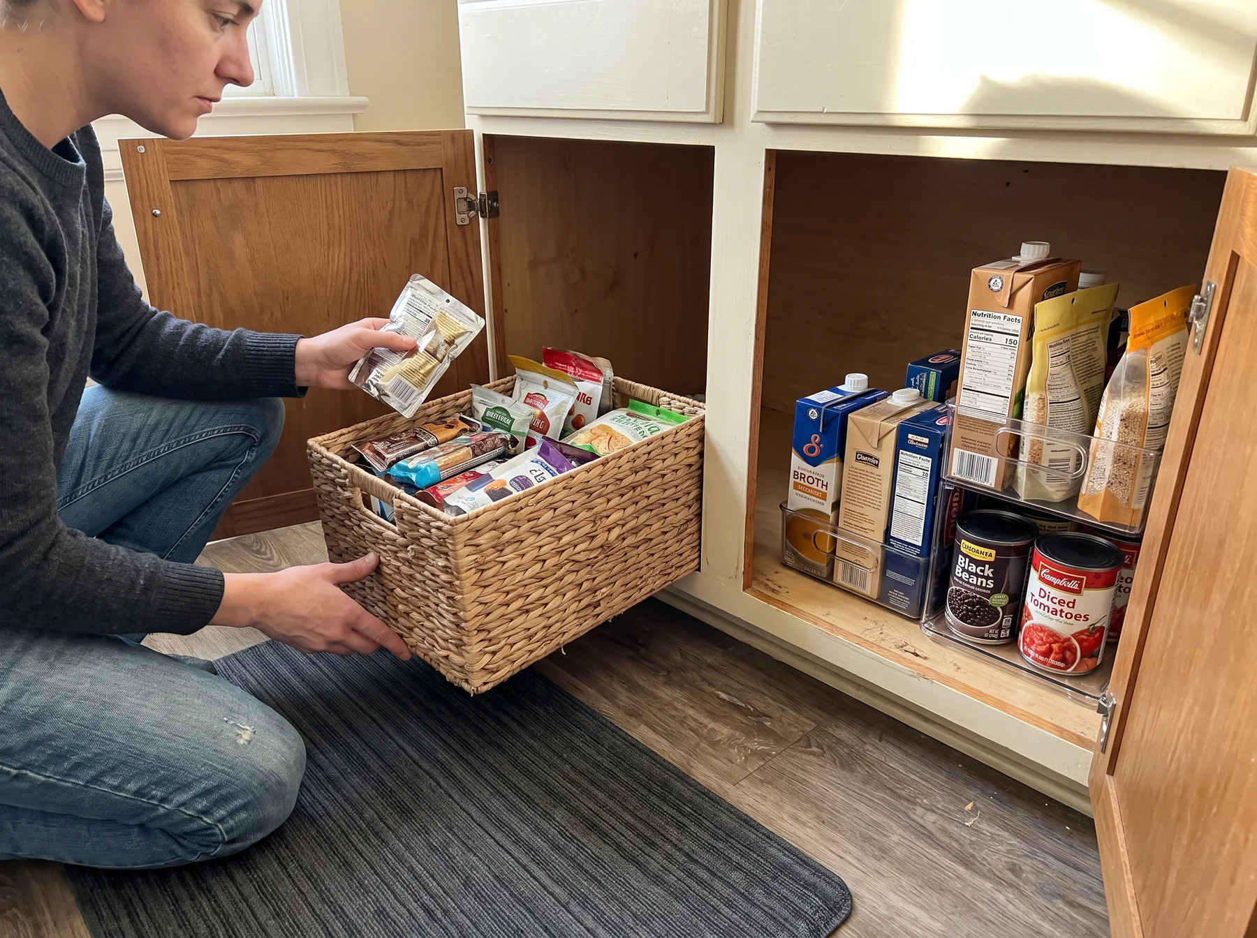 Person holds a snack pouch beside a full wicker pantry bin in an open cabinet.