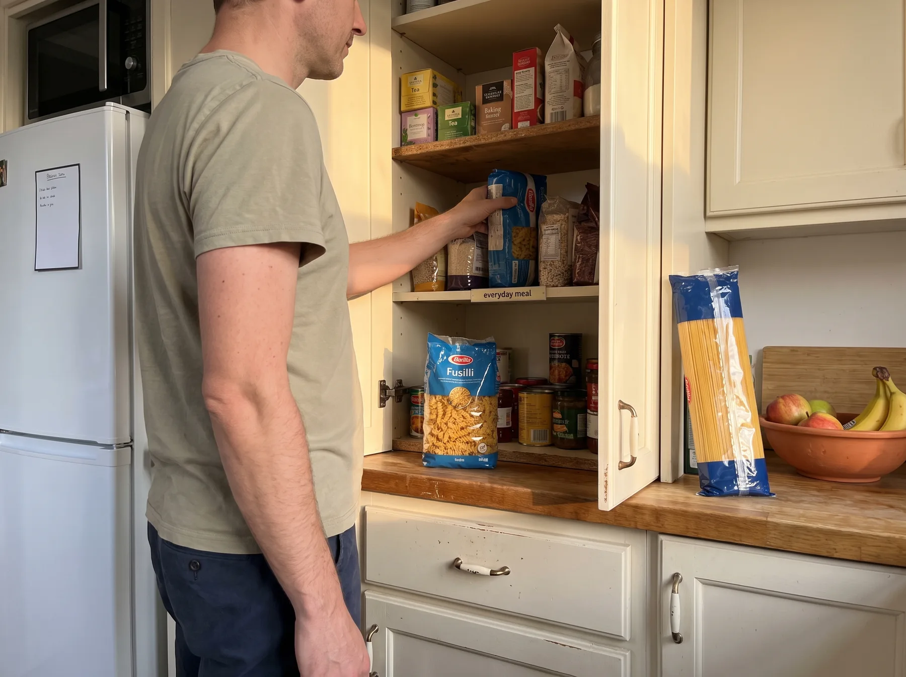 Man places a pasta package behind other groceries in an open kitchen pantry cabinet.