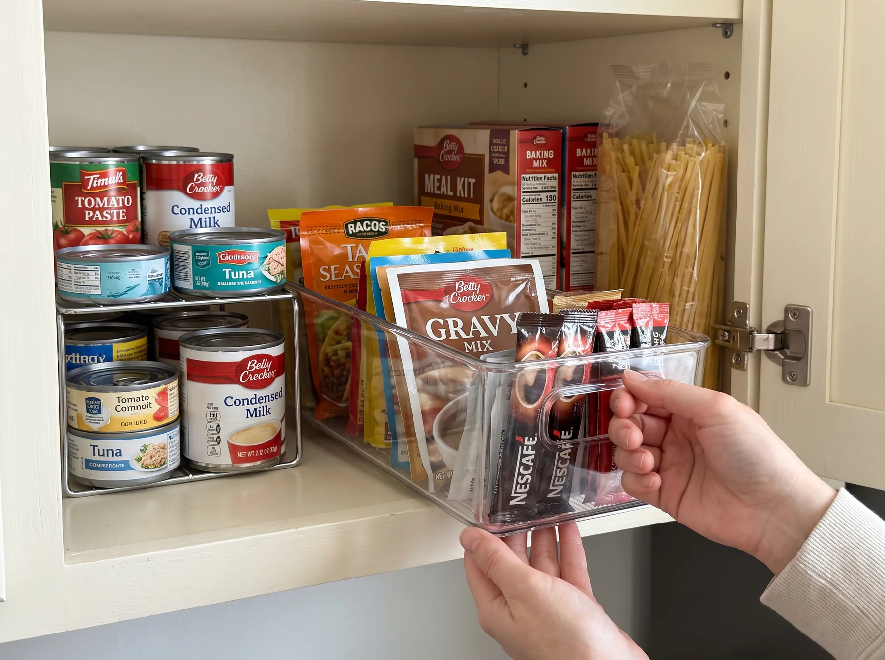 Hands pull a clear packet bin from a kitchen cabinet beside stacked canned goods.