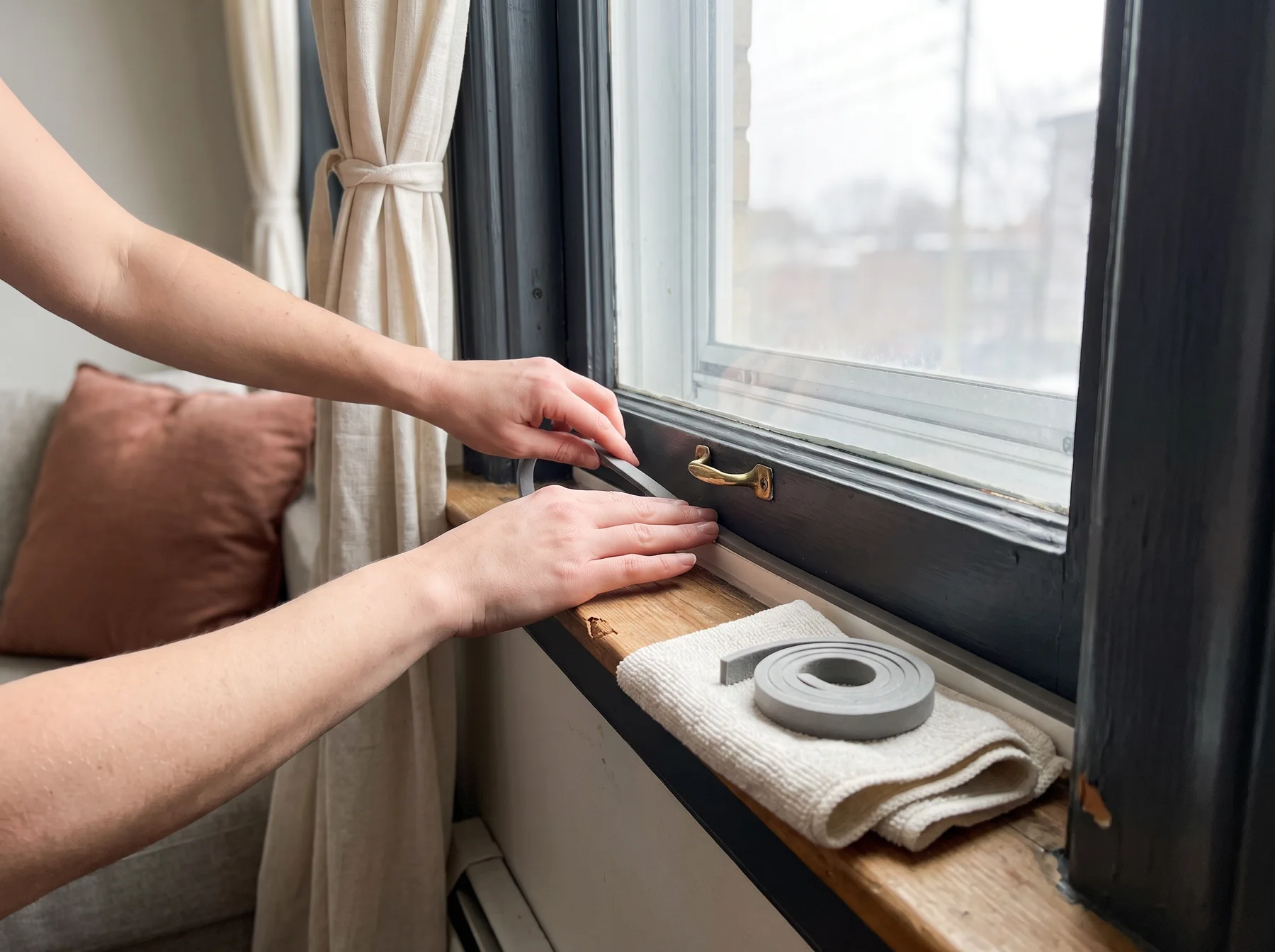 Hands apply weatherstripping beside a window lock above a clear drainage track.