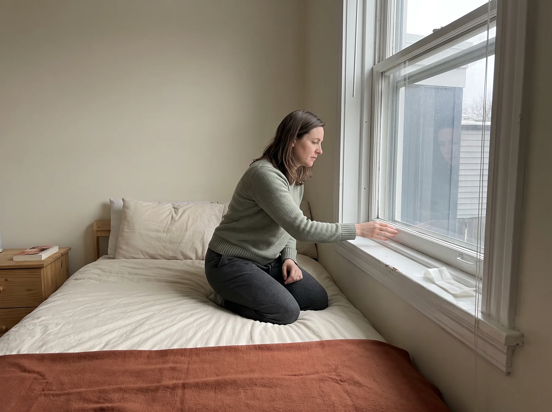 Renter kneels on a bed and checks the closed bedroom window.