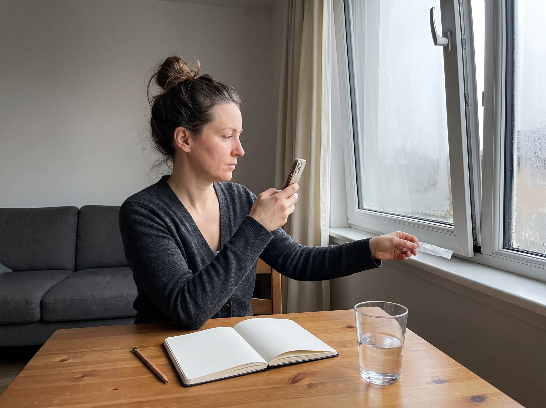 Woman photographs an apartment window beside a notebook while inspecting a gap along the sill