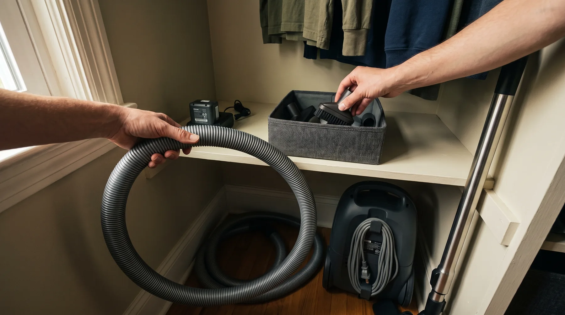 Hands organize a vacuum hose and attachments in a basket on a closet shelf.