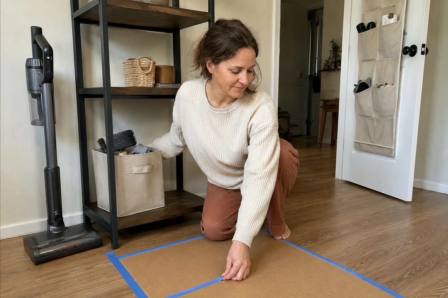 Renter marks a taped vacuum footprint beside shelving and an open door.