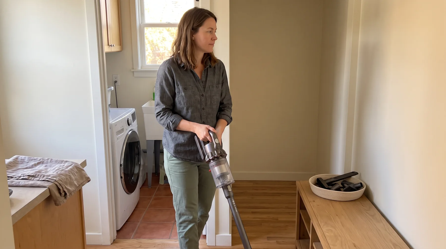 Woman carries a stick vacuum from a laundry area into a hallway alcove.