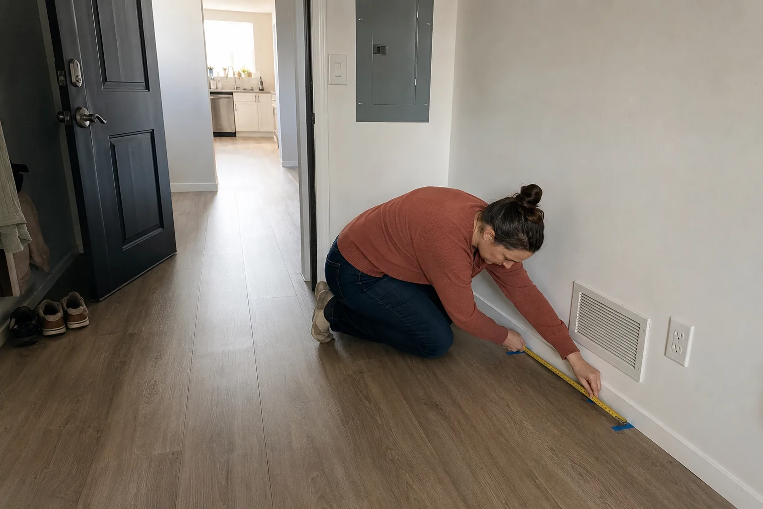 Woman kneels beside an open apartment door, measuring wall space marked with painter's tape.