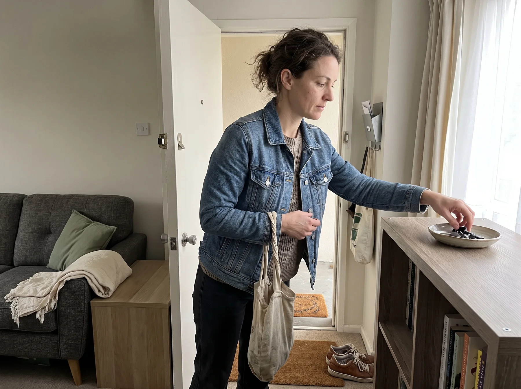 Woman places keys in a bowl on a shelf beside an open apartment door.