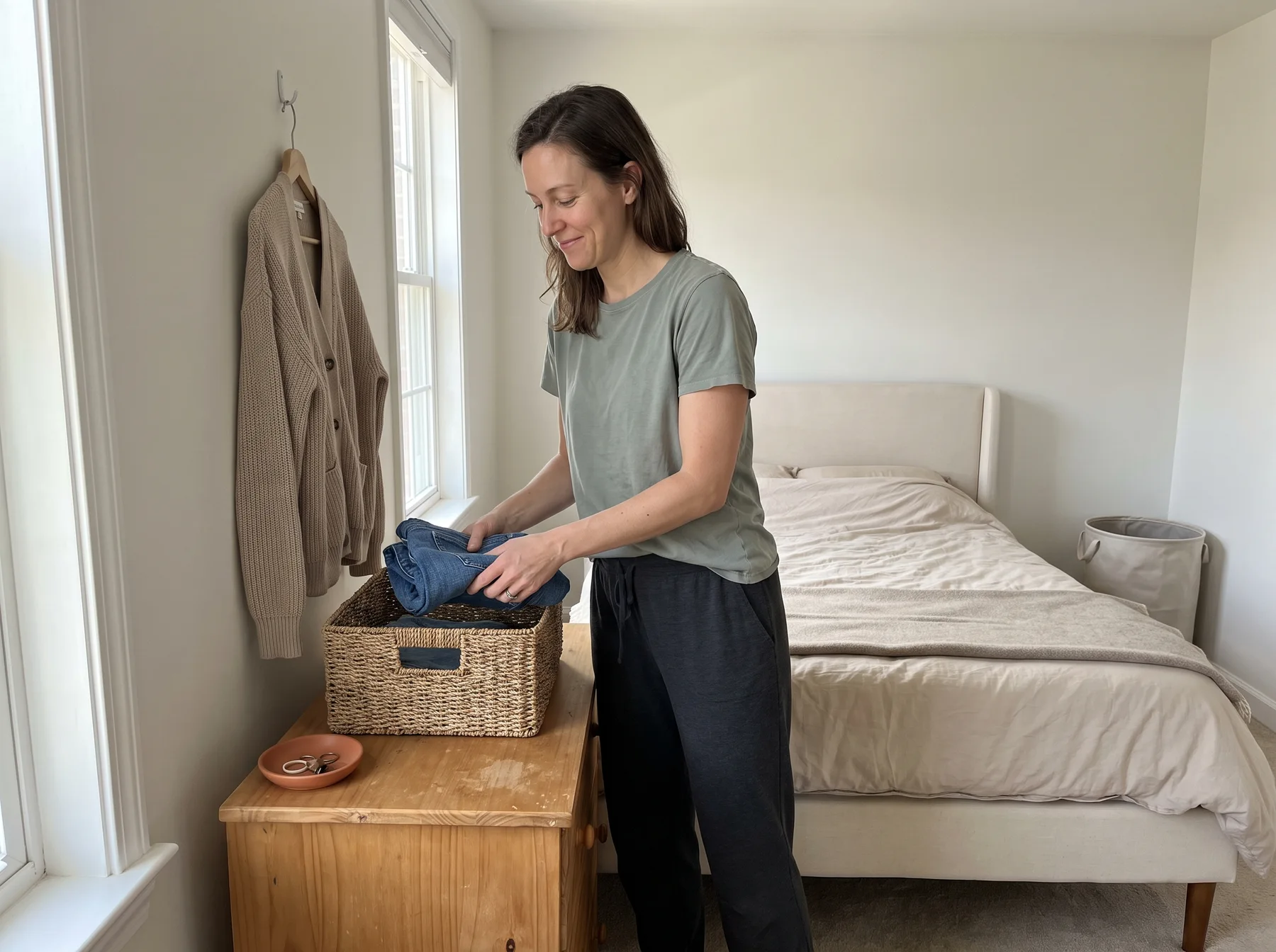 Woman places folded jeans in a woven basket beside a bed and hanging cardigan.