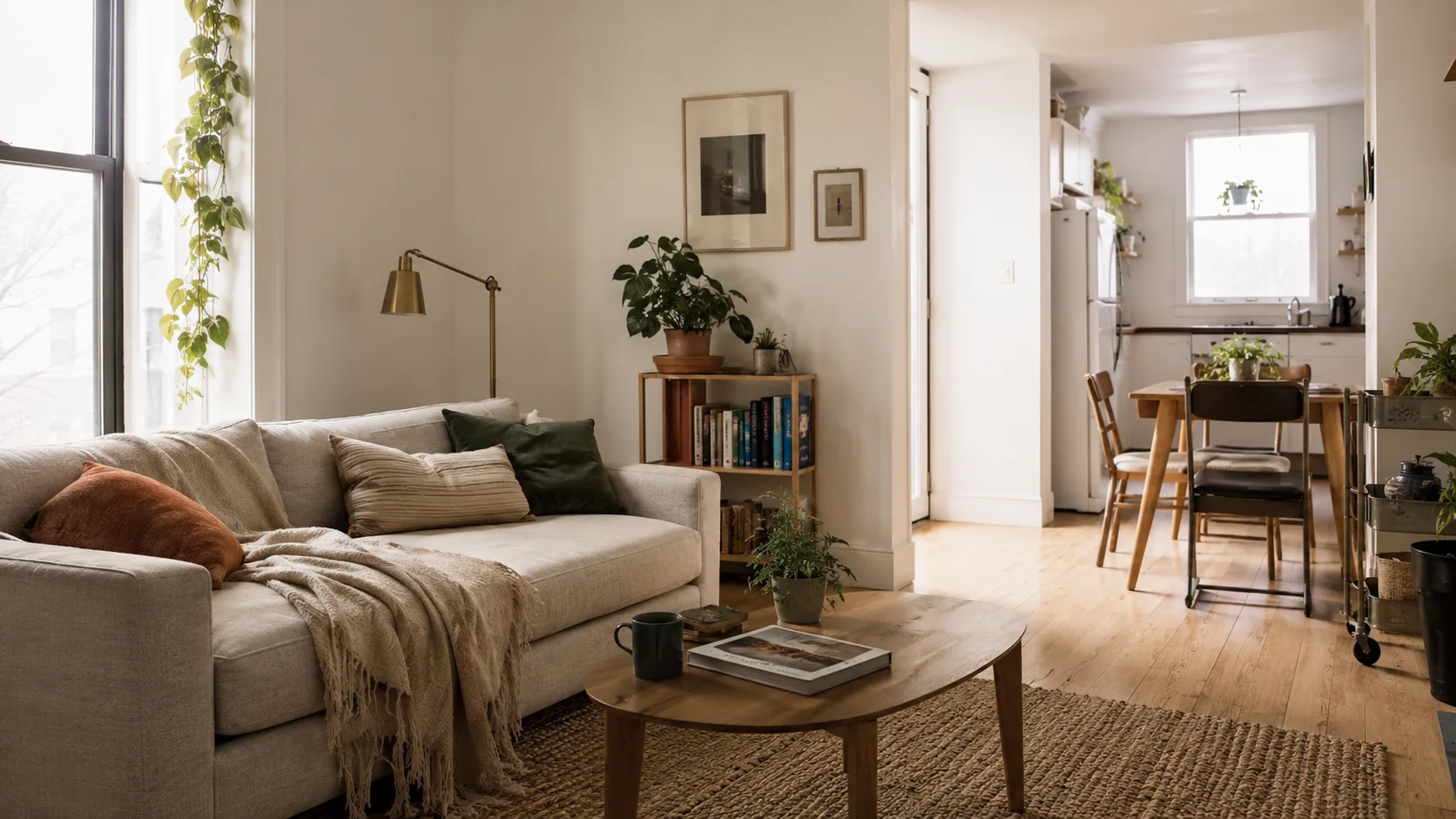 Living room with a cream sofa, wooden coffee table, bookcase, and plants beside a dining area and kitchen.