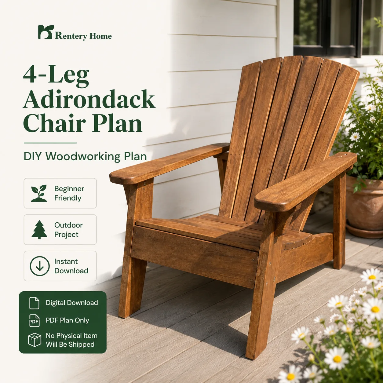 Wooden four-leg Adirondack chair on a porch beside DIY woodworking plan text